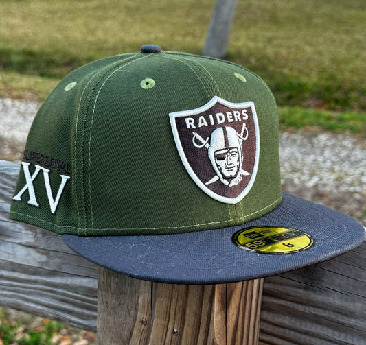 Raiders Olive SBXV PATCH NEW ERA FITTED SZ 8